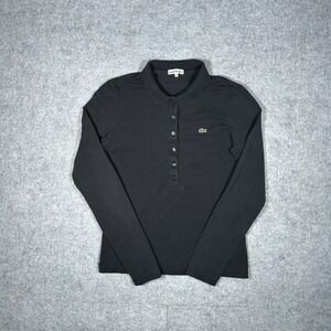 Lacoste Polo Womens 38 Black Long Sleeve Pique Cotton Stretch Casual Preppy Top
